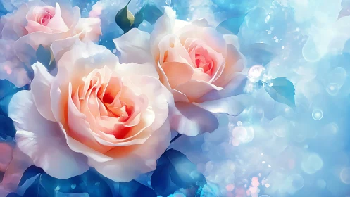 Luminous Roses in Dreamlight. Soft Pink Blooms Against Azure.