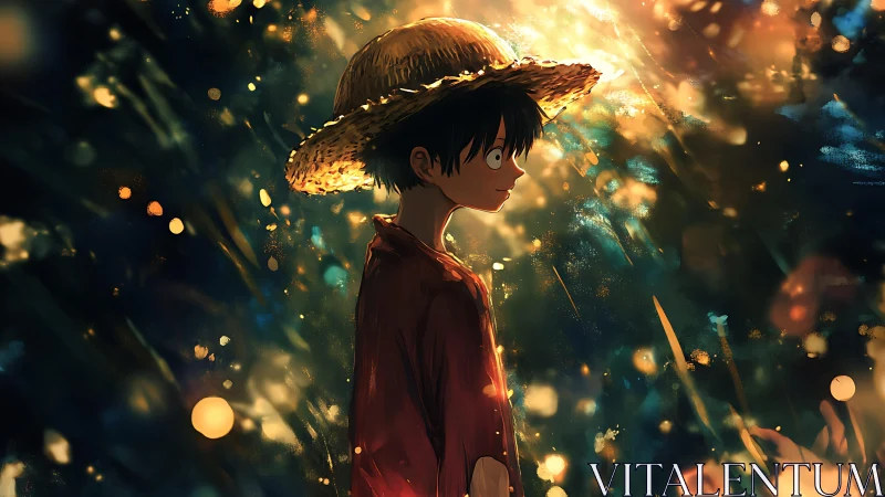 Straw hat boy walks through glowing abstract forest light.