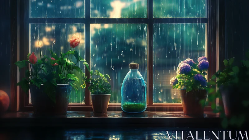 Rainlit window garden with glowing bottle centerpiece.