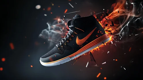 Black and orange athletic shoe with dynamic flame effects.