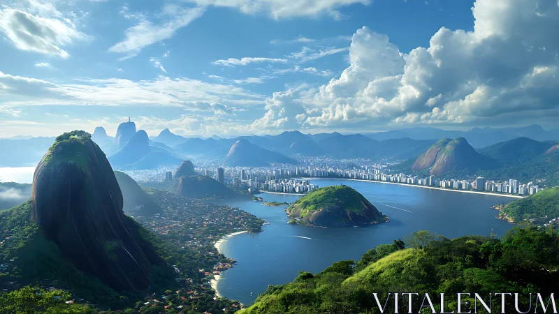 Tropical bay city with lush mountains and bright skyline.