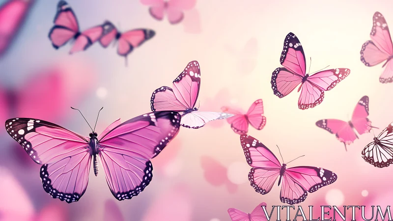 Pink butterflies in soft pastel flight over blurred glow.