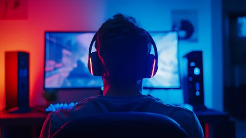 Neon gamer bathed in dueling blue and crimson glow.