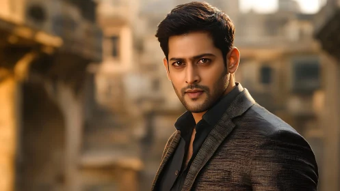 Confident man in a blazer enjoys warm golden city light