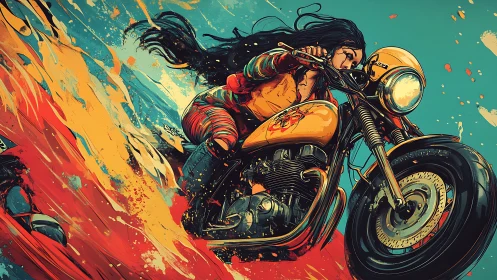 Rebellious biker woman races through blazing abstract colors