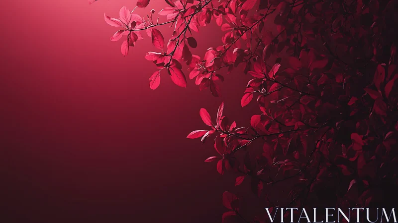 Vibrant red foliage against dramatic gradient background, minimalist style.