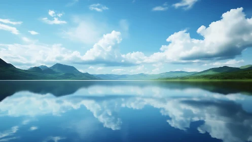Mirror lake panorama with distant mountains and cloudscape.