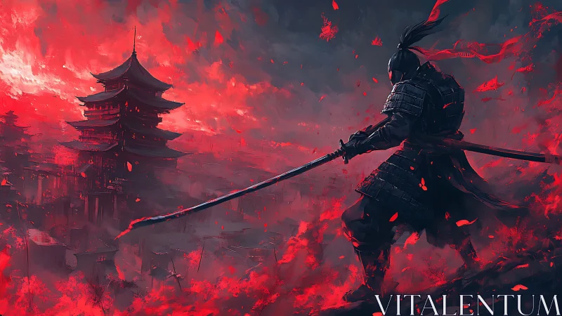 Scarlet embers crown the lone samurai before the burning pagoda