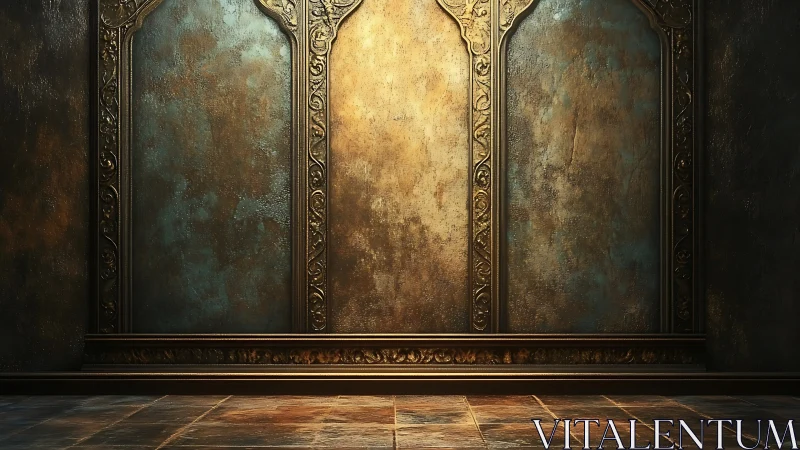 Gilded arched wall panels with warm textured patina backdrop.