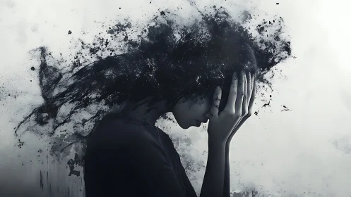 Silhouetted figure dissolves into dark abstract smoke cloud