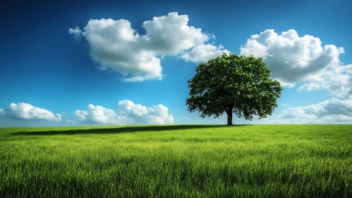 Lone Tree on Grassy Field Under Blue Sky, Realistic Landscape.