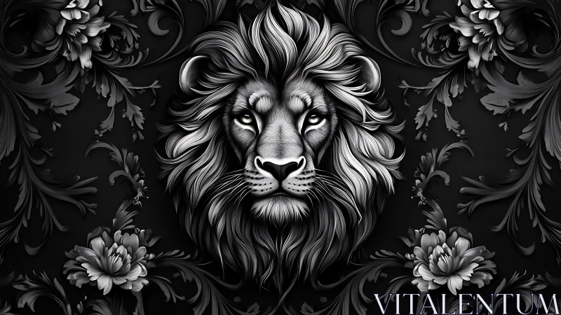 Regal lion portrait glows gently among dark floral swirls