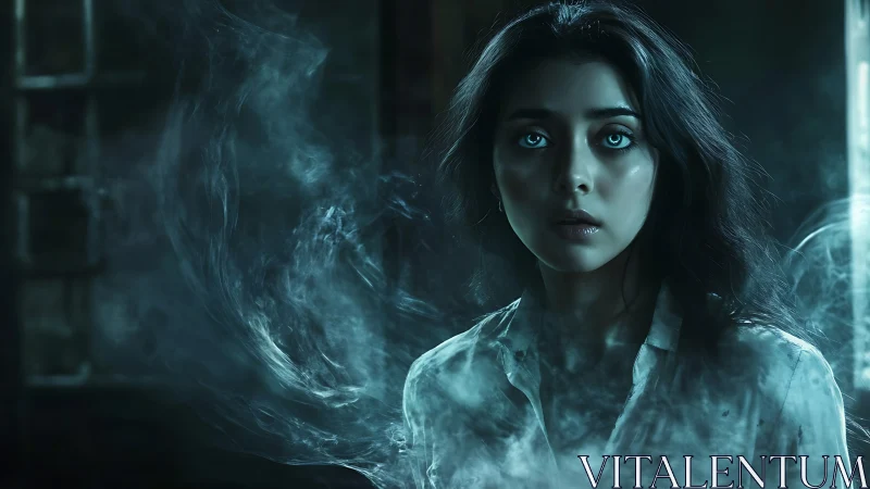 Ethereal blue eyed woman in volumetric smoke, low key lighting