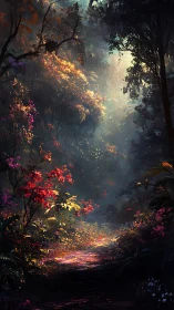 Illuminated Forest Path with Flowering Vegetation