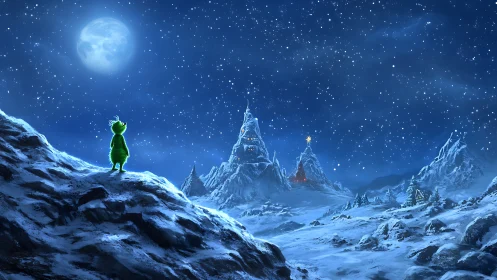 Green figure on snowy ridge under moonlit alpine sky