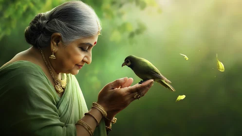 Elderly woman in green sari holding bird, serene nature portrait.