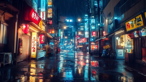 Neon lit urban alley shows wet pavement under night rain