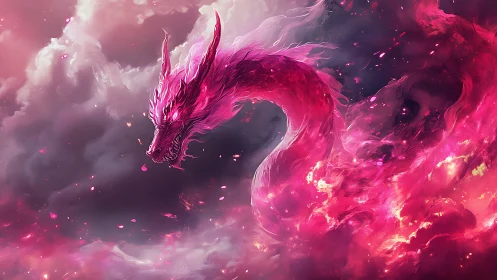 Emberstorm dragon coils through rose-lit celestial clouds.