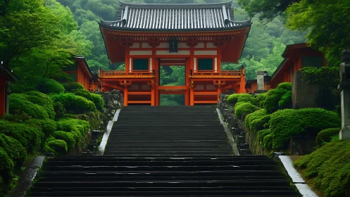 Serene temple gate rises above misty forested stone steps