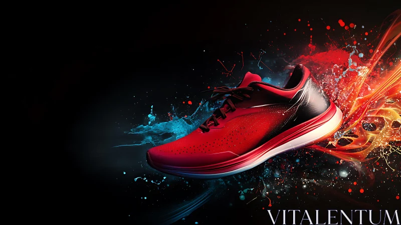 Dynamic red running shoe with explosive paint splash composition.