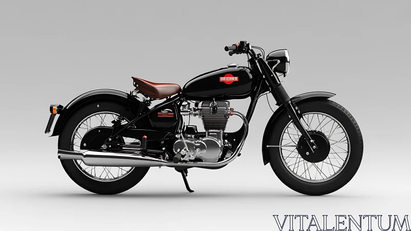 Classic black motorcycle with chrome engine on gray backdrop.