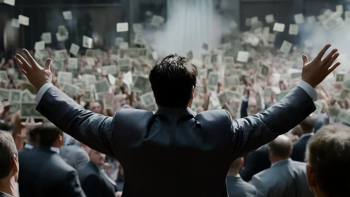 Crowd of suited individuals amid airborne currency notes.