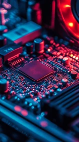 Motherboard close-up shows central chip under red-blue light
