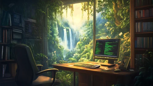 Coder’s rainforest window, where green code mirrors vines.
