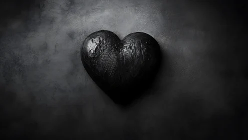 Black Heart with Weathered Surface Against Gray Concrete.