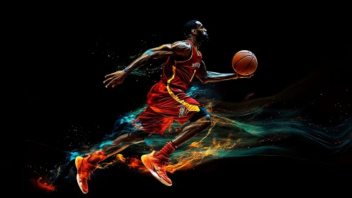Dynamic basketball sprint rendered with neon motion trails.