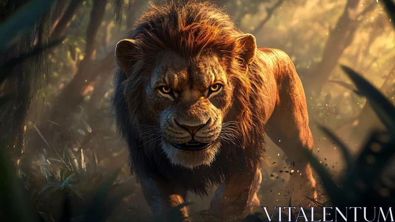 Golden-maned lion strides boldly through glowing jungle light