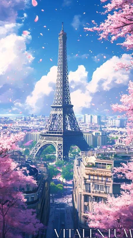 Eiffel Tower framed by spring cherry blossoms in bright skies.