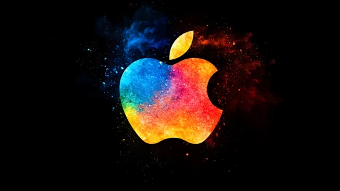 Multicolor apple-shaped logo with surrounding particle cloud.