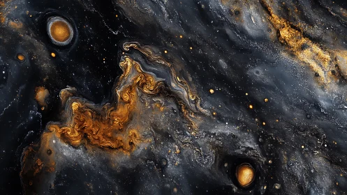 Metallic black and gold abstract fluid cosmic swirl art.