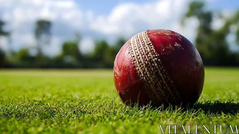 Cricket ball resting on lush green pitch under daylight.