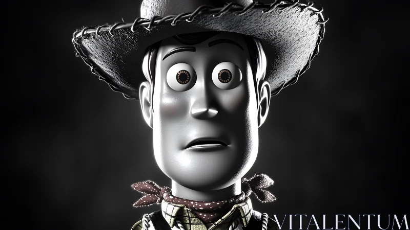 Wide-eyed cartoon cowboy in dramatic grayscale close-up.