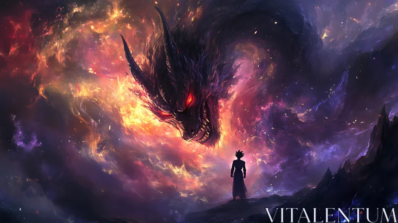 Silhouetted figure observes colossal fiery dragon in nebula sky