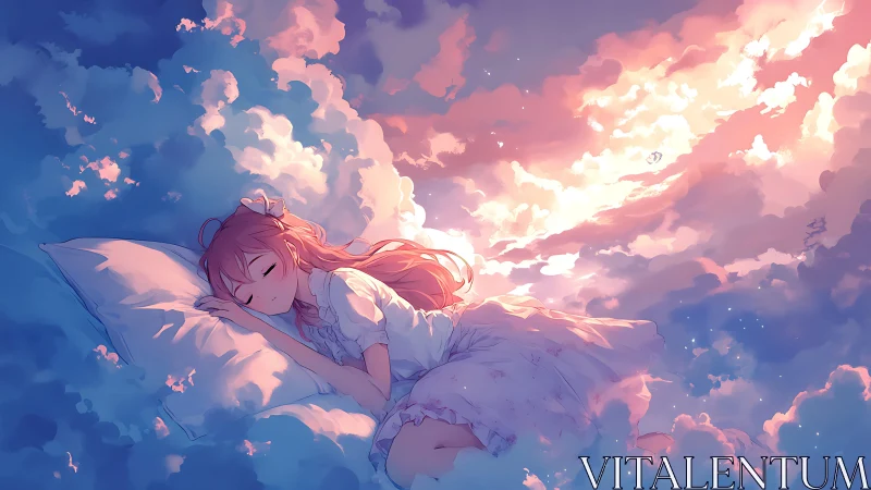 Anime dreamscape composition with sleeping girl in clouds.