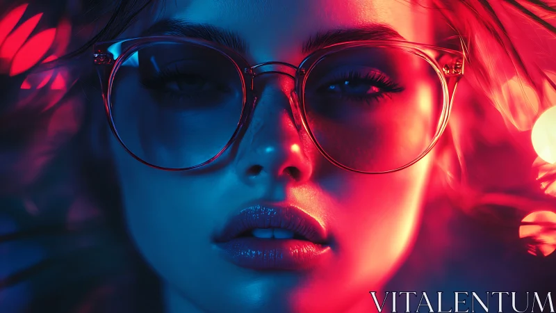 Neon lit close up portrait with oversized translucent glasses.
