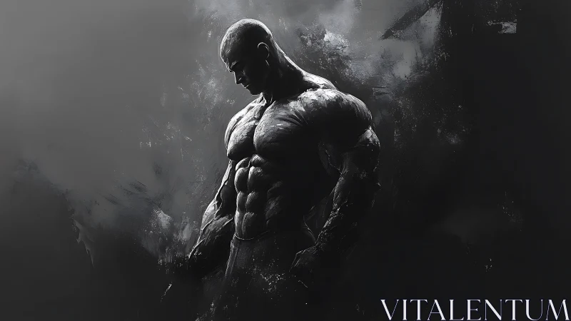 Solitary muscular figure stands in stark monochrome haze