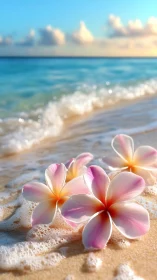 Pink plumeria flowers rest on beach sand with ocean waves