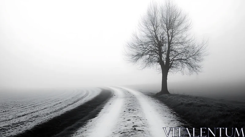 Quiet winter road curving past a lone tree in soft fog.