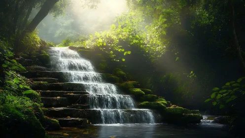 Stepped forest waterfall under soft morning light.
