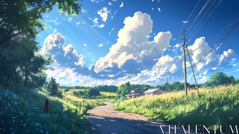 Rural asphalt lane under volumetric cumulus skyfield illumination.