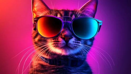 Cool cat wearing sunglasses with neon gradient lighting effect.