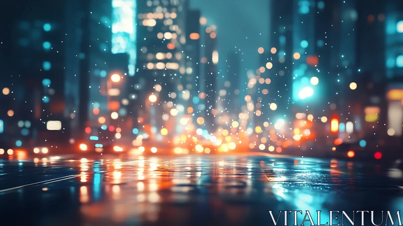 Wet city street reflects blurred night traffic and lights clearly