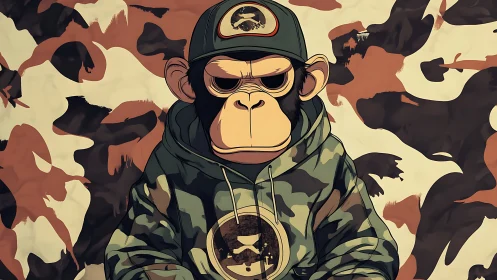 Camouflage streetwear ape stares through bold urban pattern.