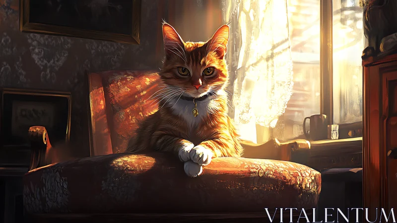 Regal ginger cat in warm window backlight on vintage chair.