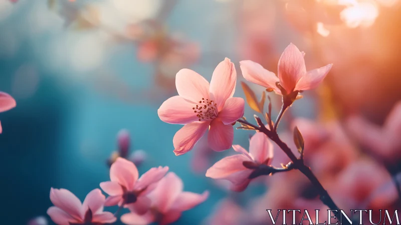 Delicate pink blossoms in soft focus with warm golden backlighting