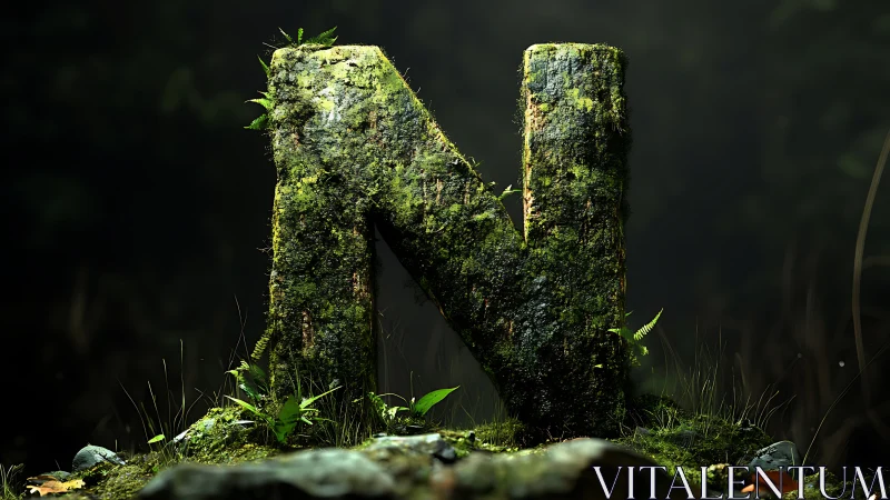 Moss-Covered Wooden Letter N in Lush Forest Setting, Realistic Style.